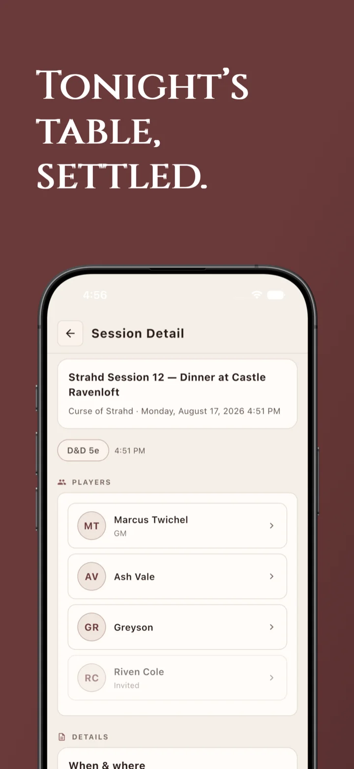 Session detail screen with player RSVPs for a Curse of Strahd game night